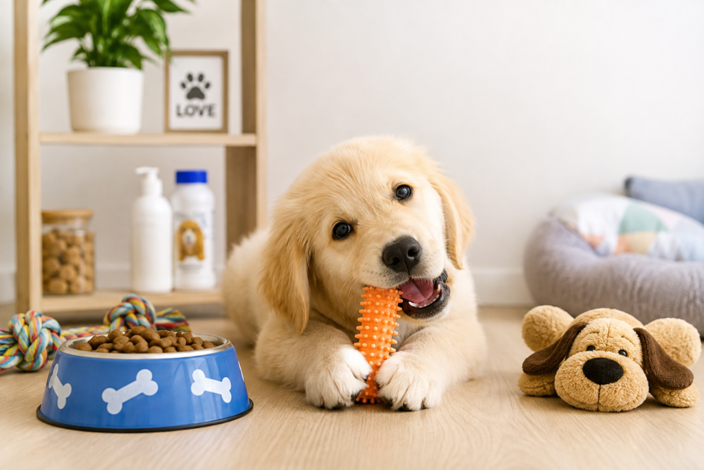 Filhote de cachorro dourado deitado no chão ao lado de um pote de ração azul e brinquedos mordedores em um ambiente limpo