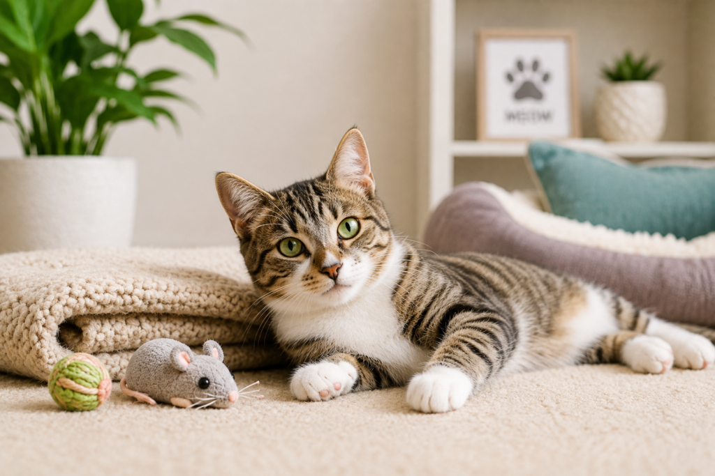 Gatinho filhote de pelo claro deitado ao lado de uma cama pet confortável e brinquedos de arranhar em um fundo limpo