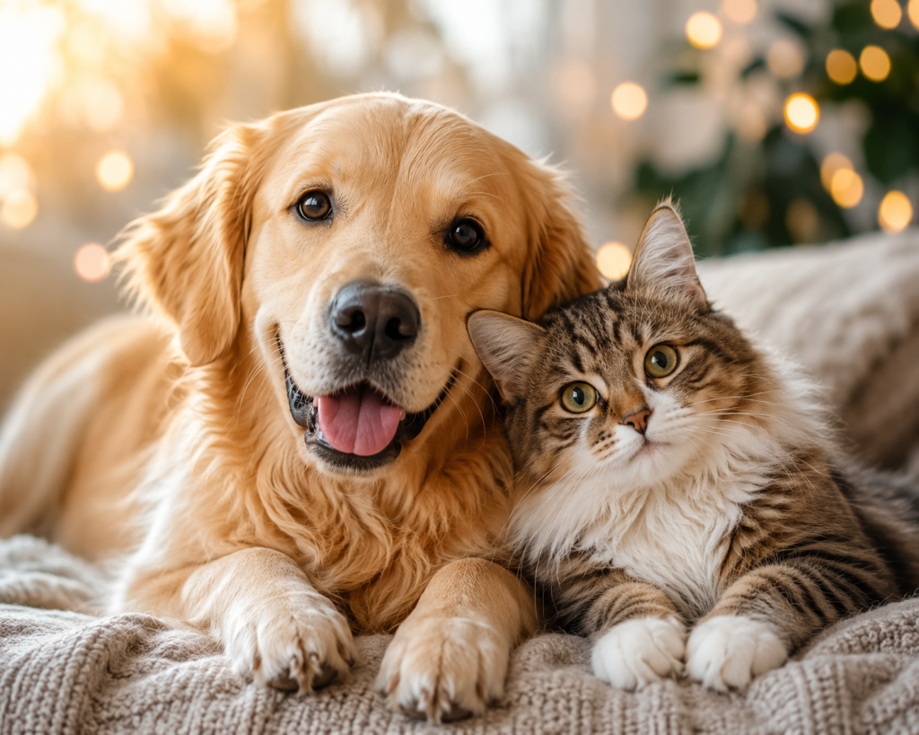 Cachorro da raça Golden Retriever sorridente deitado no chão aconchegante ao lado de um gato listrado cinza.
