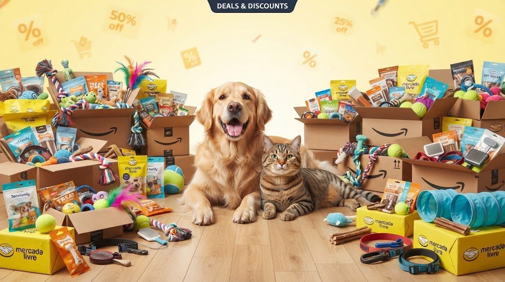 Cachorro Golden Retriever e gato deitados juntos cercados por caixas de entrega da Amazon e Mercado Livre cheias de brinquedos e petiscos em promoção, ilustrando a página de ofertas do blog PetMania