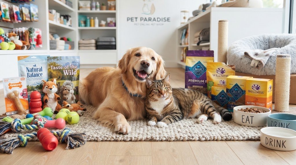 Cachorro Golden Retriever e gato deitados juntos cercados por diversos produtos pet, como rações premium e brinquedos, ilustrando a página de produtos do blog PetMania