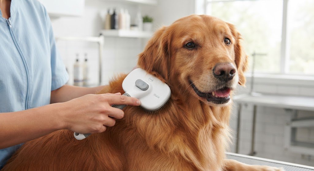 Tutor utilizando a melhor escova removedora de pelos com botão click para escovar um cachorro