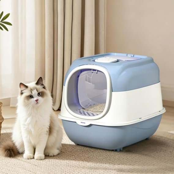 A melhor caixa de areia para gatos do tipo fechada azul com portinha frontal